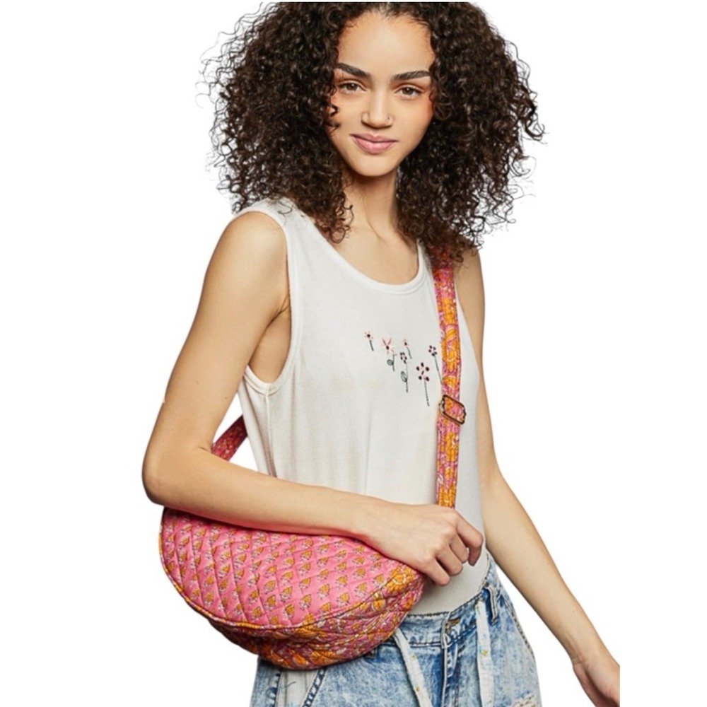POL Clothing Pink Quilted Hand Block Print Cotton Sling Crossbody Bag SMQE19